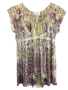 Cato Blouse Size LARGE Pullover Boho Peasant Short Sleeve Rhinestones Fairy